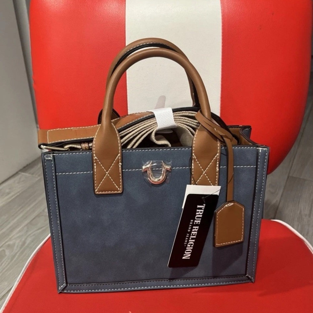 True Religion Blue and Tan Satchel